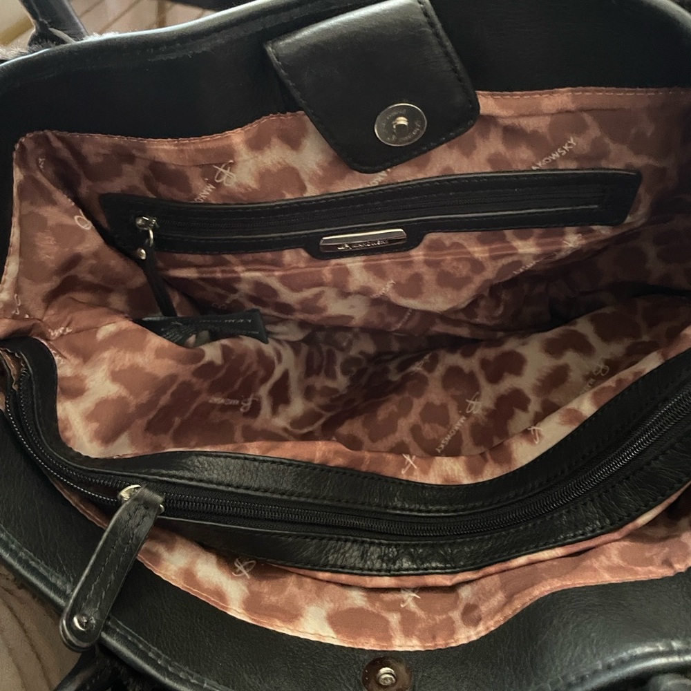 B.Makowsky Leather and Faux Fur Tote Bag - Black and Brown - Picture 4 of 5